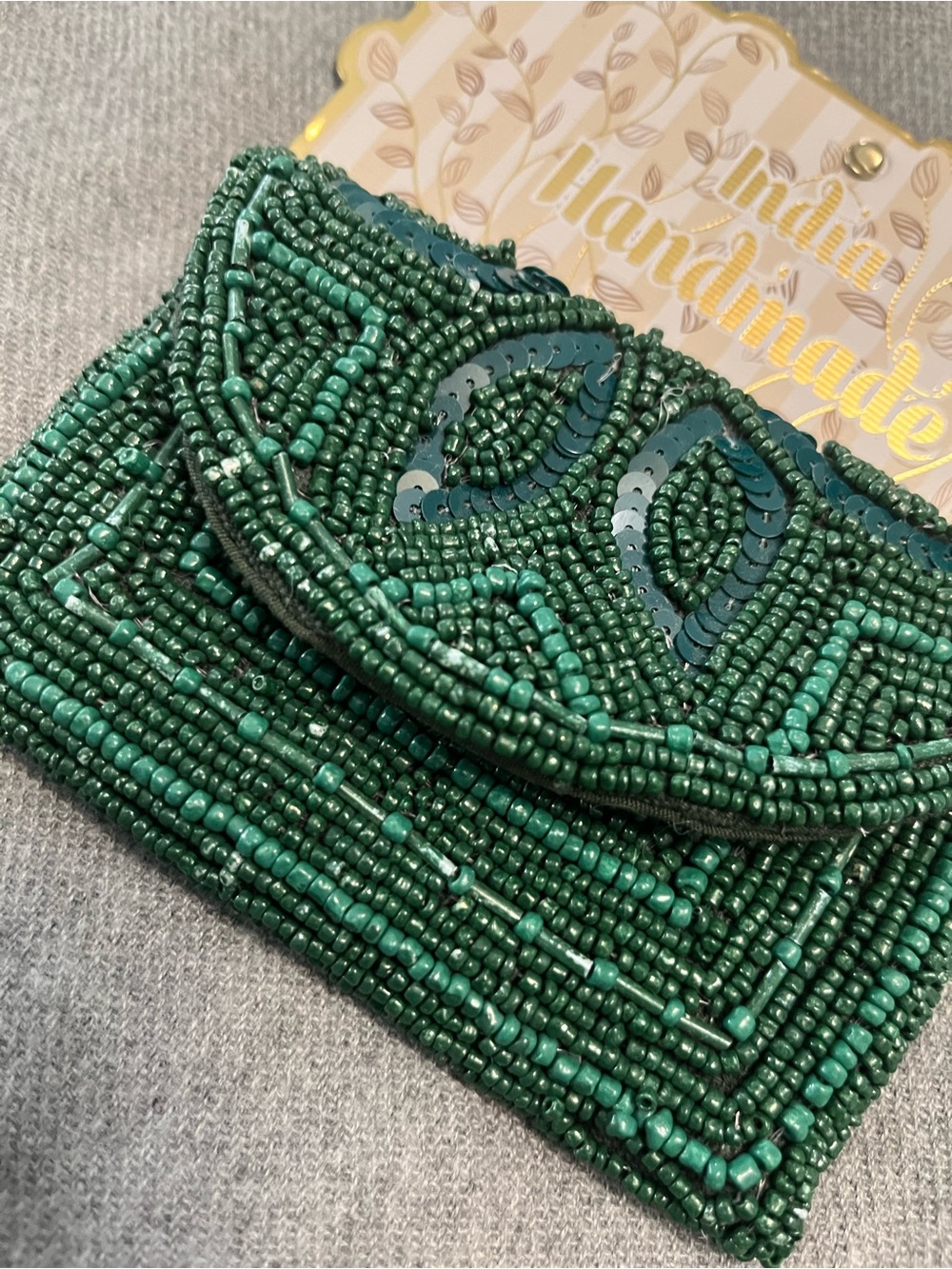 Handmade Beaded Green Evening Clutch Wallet